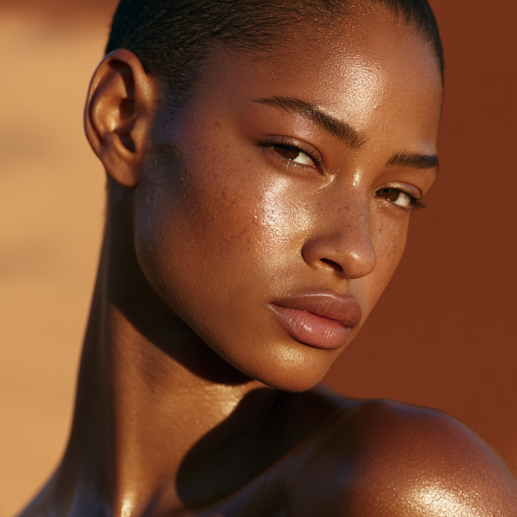 Woman with deep skin wearing MELANATE Invisible Daily SPF 50, no white cast