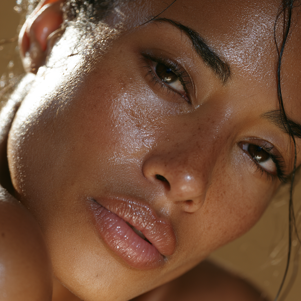 Close-up of deep skin with a dewy, healthy finish — MELANATE Invisible Daily SPF 50 invisibly protects
