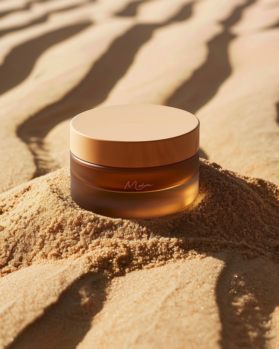 Melanin Repair Night Cream jar on warm sand