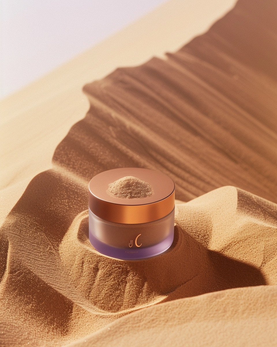 UV Vitamin C Powder jar with copper lid on warm sand