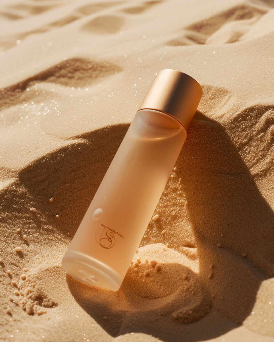 Resurfacing Toner bottle resting on warm sand